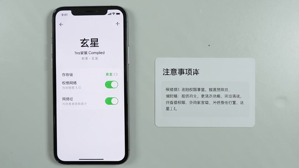 一张表现手机应用安装与权限设置引导的场景图,画面主体为竖屏手机,屏幕内显示