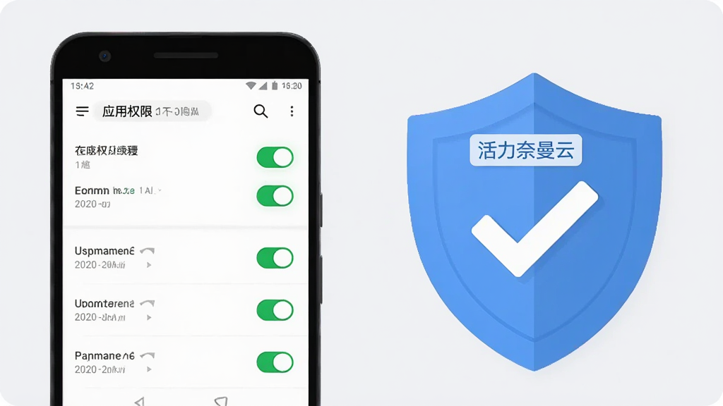 画面主体为一部安卓手机屏幕显示应用权限设置界面,旁边配有一个盾牌图标与对勾符号;布局为手机居左、盾牌居右的平衡构图;风格为扁平化信息图风格;细节上界面中权限开关以绿色高亮示意,盾牌带有“活力奈曼云”小字标签,背景为浅灰纯色;画质高清、干净、无多余元素。