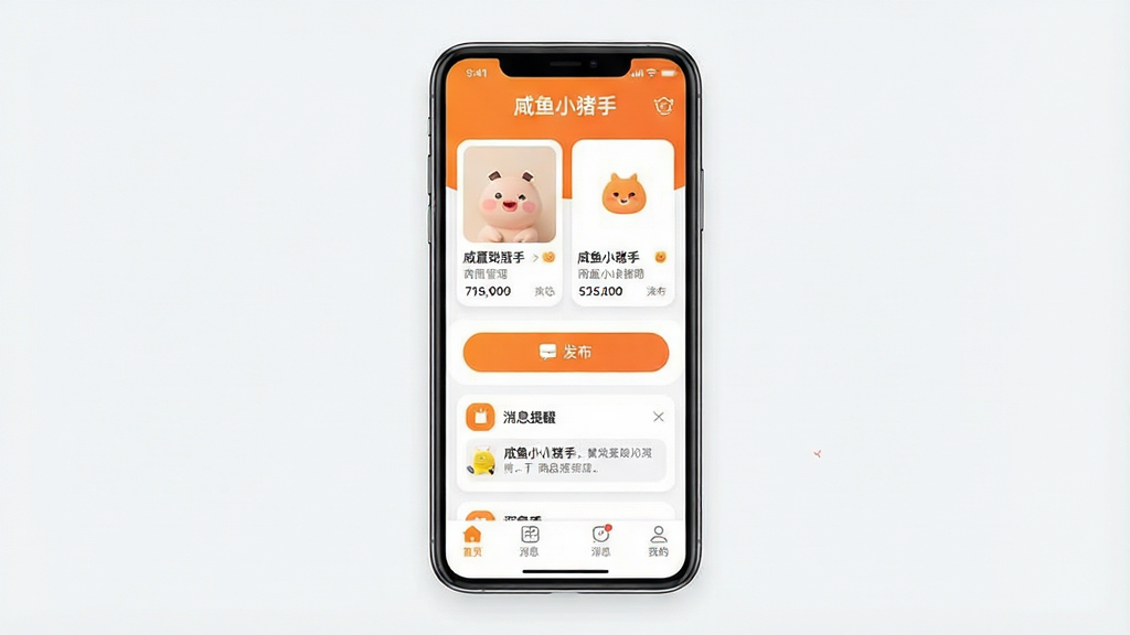 一张手机应用界面展示图,画面中央是一部竖屏智能手机,屏幕上显示闲置交易助手类应用的主界面,顶部有
