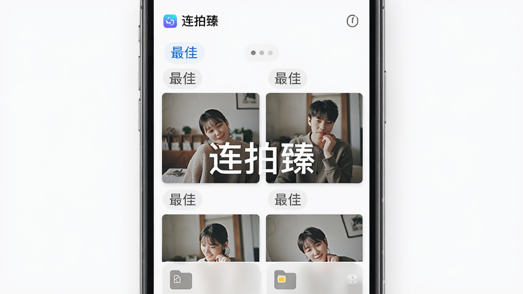 画面主体为连拍臻应用相册界面,屏幕中展示多组连拍照片被自动分类整理,每组照片上方有“最佳”标签,布局为手机竖屏居中、界面层次分明,风格简洁清新,细节包含智能优选图标与分类文件夹,画质高清,画面干净,无多余元素,图片中打文字“连拍臻”