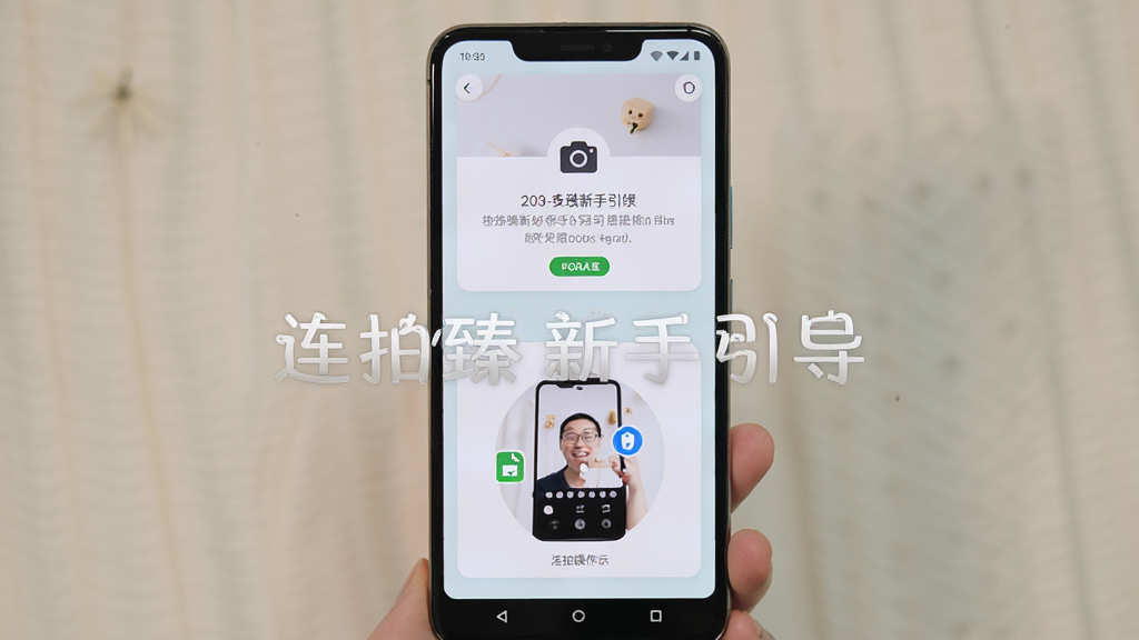 画面主体为一部安卓手机屏幕显示连拍臻新手引导界面,界面中包含权限授予提示与连拍操作示意图,布局为手机竖屏居中、背景为柔和浅色,风格简洁友好,细节包含相机图标与存储图标,画质高清,画面干净,无多余元素,图片中打文字“连拍臻 新手引导”