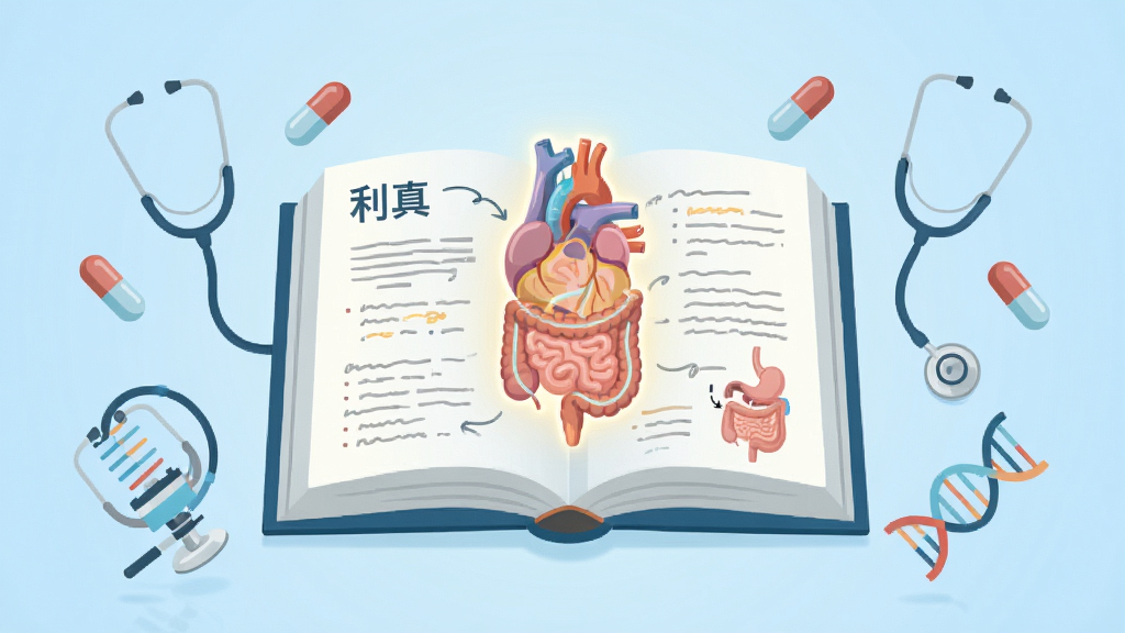 画面中央是一本展开的医学知识书籍,书页上浮现出发光的器官示意图与笔记线条,书籍周围环绕着胶囊、听诊器、DNA双螺旋等医学元素,背景为柔和的浅蓝色渐变,整体布局呈中心对称,风格为扁平化插画,细节干净利落,画质清晰,画面中书本封面上写有“利真”字样,无多余装饰元素
