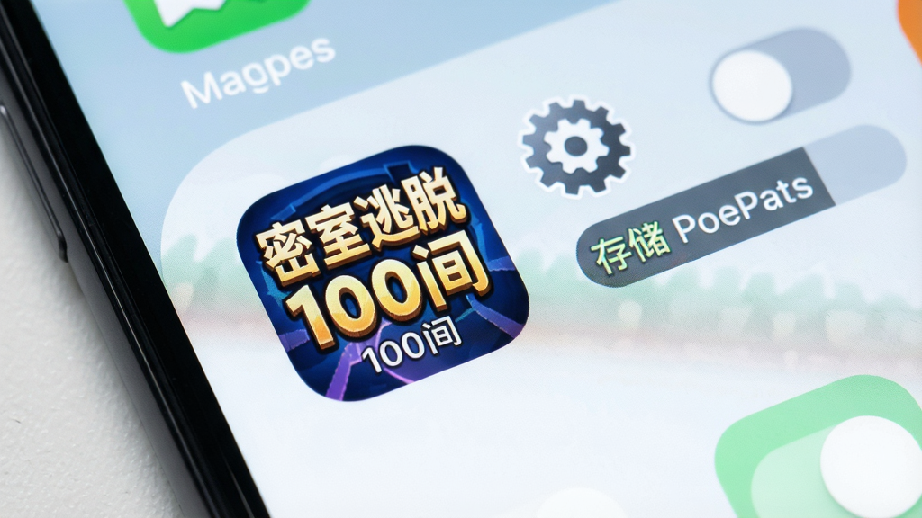 手机桌面特写,屏幕显示“密室逃脱100间”游戏图标,图标旁边有设置齿轮与存储空间提示条,背景为简洁浅色桌面,风格清爽直观,细节突出图标与权限开关,画质干净无杂乱,画面文字“密室逃脱100间”