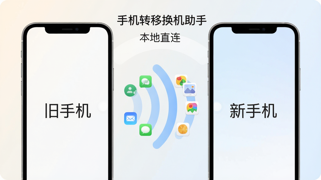 画面主体是两部手机屏幕相对,屏幕上分别显示“旧手机”和“新手机”字样,中间以无线信号波纹相连;布局为居中对称,背景为浅色渐变;风格为简洁UI示意图;细节上信号波纹中穿插通讯录、相册、短信等小图标,整体色调柔和;画质干净清晰,无多余装饰元素,图中文字为“手机转移换机助手”和“本地直连”。