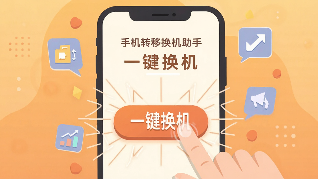 画面主体是一只手点击手机屏幕上的大按钮,按钮上写着“一键换机”;布局为手机居中放大,按钮位于屏幕中央偏下;风格为扁平化插画,暖色调背景;细节上按钮周围有放射状线条表示点击动作,手机旁边漂浮着数据图标;画质干净,无多余元素,图中文字为“手机转移换机助手”和“一键换机”。