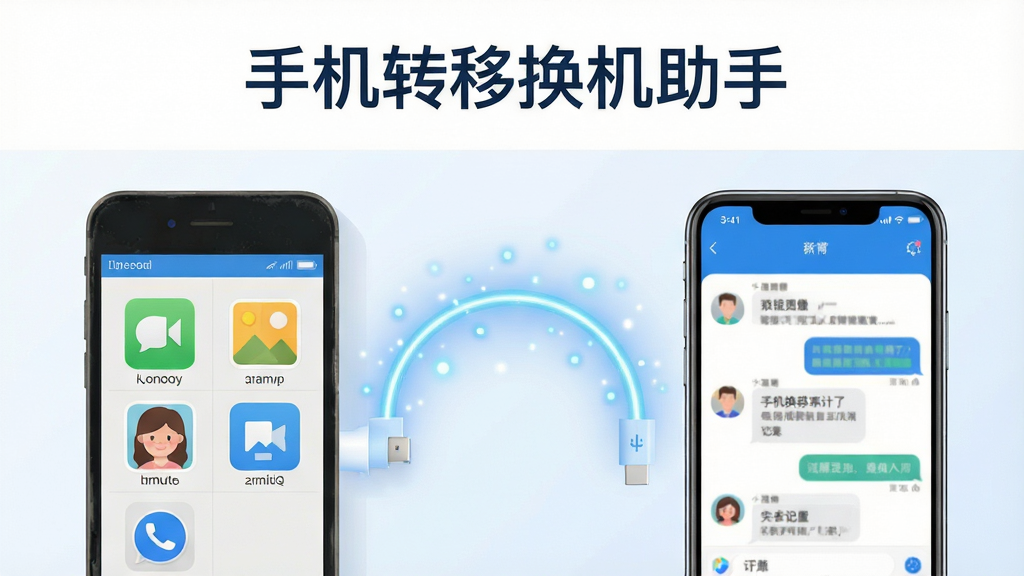 画面主体是一部旧手机与一部新手机并排摆放,中间用一条发光的弧形数据线连接,象征数据从旧机流向新机;布局采用左右对称构图,上方留白放置软件名称文字;风格为清爽扁平化科技插画,蓝白配色为主;细节上手机屏幕分别显示通讯录、照片、聊天记录等图标,数据线周围有细小的光点流动;画质清晰干净,无多余元素,适合作为软件介绍头图,图中文字为“手机转移换机助手”。