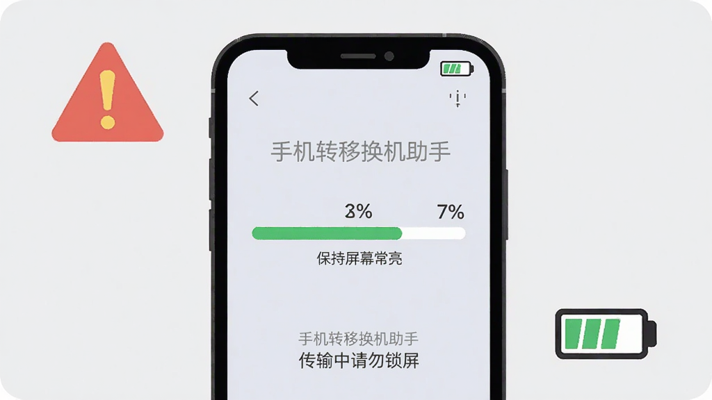 画面主体是一部手机屏幕显示传输进度条,旁边有警示图标和电量图标;布局为手机居中,警示图标位于左上角,电量图标位于右下角;风格为扁平化提示插画,浅灰背景;细节上进度条显示百分之七十,屏幕下方有“保持屏幕常亮”字样;画质干净,无多余元素,图中文字为“手机转移换机助手”和“传输中请勿锁屏”。