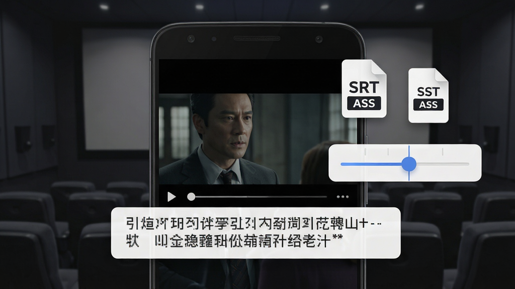 画面主体是一部安卓手机特写,屏幕中播放着电影画面,画面下方叠加着清晰的白色字幕条,手机旁边悬浮着
