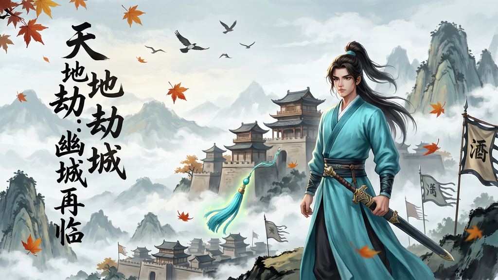 整体画面以国风武侠大世界为背景,主体为一位身穿青衫的年轻侠客立于山巅,身后是层叠的古城楼阁与云雾缭绕的远山,画面左侧以竖排书法字体书写“天地劫:幽城再临”,布局采用上下分层结构,上方为天空与飞鸟,下方为山川与城池,风格为中国风水墨与厚涂结合,细节包括飘落的枫叶、发光的剑穗与远处的战旗,画质为4K高清,画面干净无多余元素