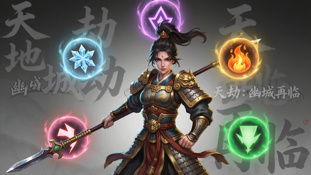 画面主体为一位手持长枪的国风女武将,周围环绕着五种不同颜色的属性光球,布局为角色居中、光球环绕的放射状构图,风格为国风奇幻立绘,细节包括角色铠甲上的纹路、光球内的冰火雷电符号、背景中的“天地劫:幽城再临”暗纹水印,画质为高清,画面干净无多余元素