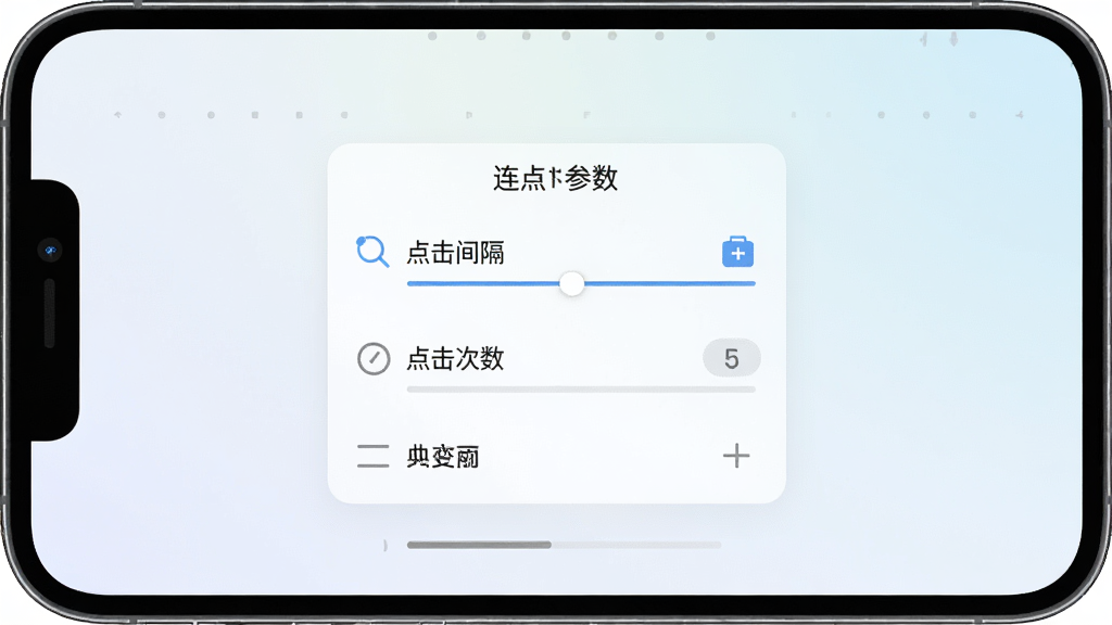 一张手机屏幕展示小白连点器软件主界面的预览图,画面中央是简洁的连点参数设置面板,包含点击间隔、点击次数等选项,背景为浅色渐变,风格清爽现代,细节清晰,画质干净无多余元素