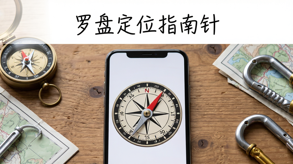 画面主体为一台竖屏智能手机,屏幕中央显示圆形罗盘刻度盘与红色指针,手机平放在木质桌面,周围点缀指南针、地图折页与登山扣等户外小物件;布局采用居中构图,手机为视觉焦点,辅助元素环绕四周形成层次;排版简洁,上方留白放置手写体文字“罗盘定位指南针”;风格为清新写实的产品展示风,光线柔和自然;细节上刻度清晰、指针有金属质感、桌面纹理细腻;画质高清,画面干净,无多余元素