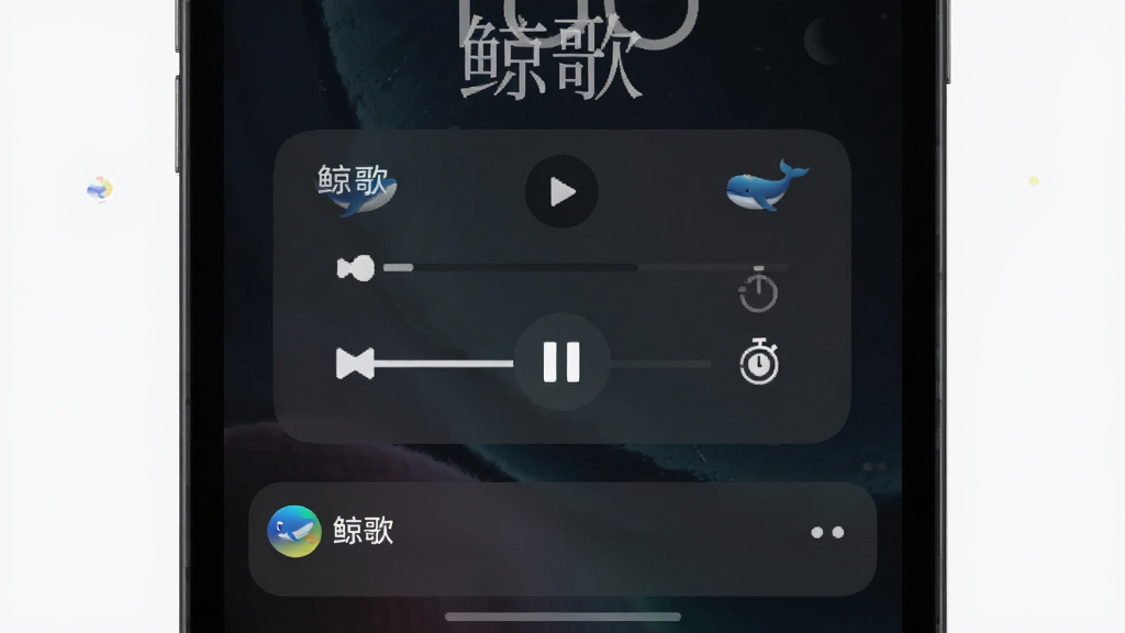 主体为手机锁屏界面显示鲸歌后台播放控制卡片,布局为锁屏中央音乐控件加下方通知栏,排版上下对称,风格为暗色系夜间模式,细节包含播放暂停按钮、进度条、定时器图标、鲸鱼小标识,画质高清柔和,画面干净无多余装饰,图片中文字为