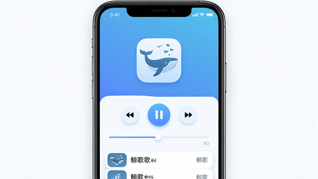 主体为一部智能手机屏幕显示鲸歌应用播放界面,布局采用居中构图,上方是蓝色渐变背景与鲸鱼剪影图标,中部为播放控制按钮与进度条,下方为音频列表,排版简洁清晰,风格为现代扁平化UI设计,细节包含圆角按钮、柔和阴影、淡蓝与白色主色调,画质高清干净,无多余元素,图片中文字为