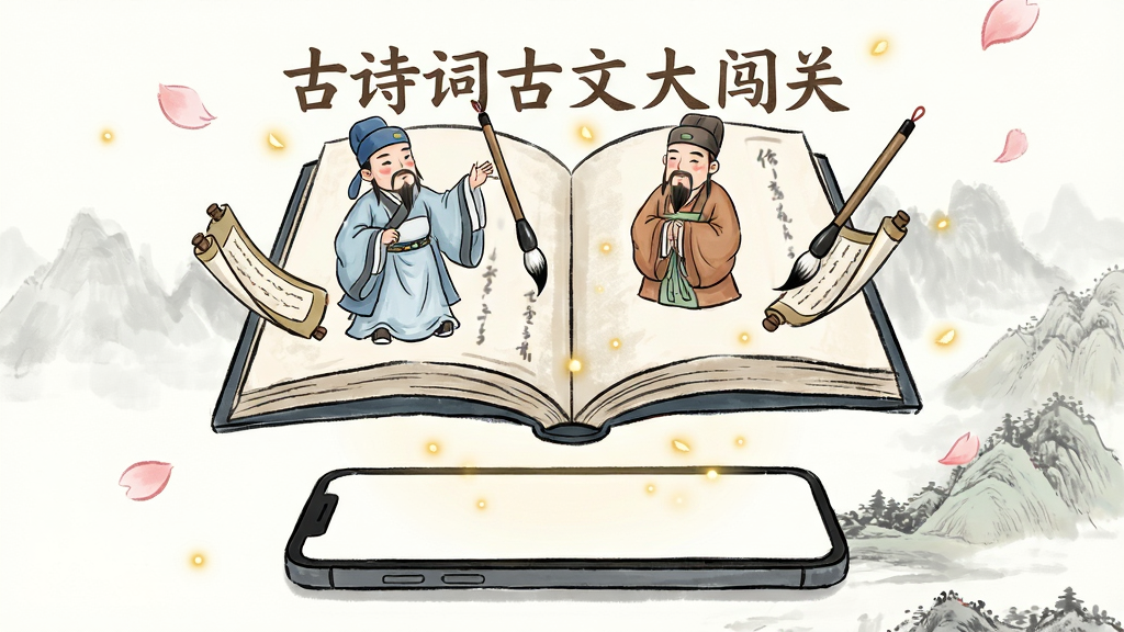 手绘风格插画,主体为一本翻开的古诗词书籍悬浮在手机屏幕上方,书籍页面飘出李白、杜甫等诗人卡通形象与毛笔、卷轴元素,布局为居中构图、书籍占据画面上半部分、手机位于下方,排版简洁留白充足,风格为国风清新插画,细节包括淡墨山水背景、飘落的花瓣与金色光点,画质高清、干净、无多余元素,画面中打文字“古诗词古文大闯关”