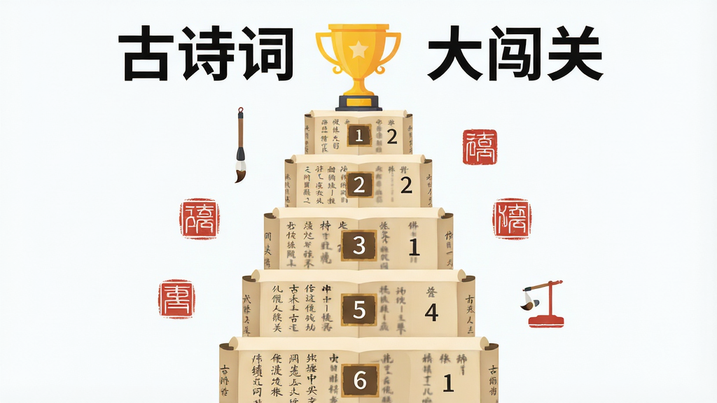 扁平化信息图风格,主体为一座由古诗词书页堆叠而成的阶梯塔,每层阶梯标注不同关卡序号,布局为纵向延伸的塔状结构占据画面中央,排版左右对称,风格为现代扁平插画,细节包括阶梯顶端放置金色奖杯、周围点缀毛笔与印章图标,画质高清、干净、无多余元素,画面中打文字“古诗词古文大闯关”