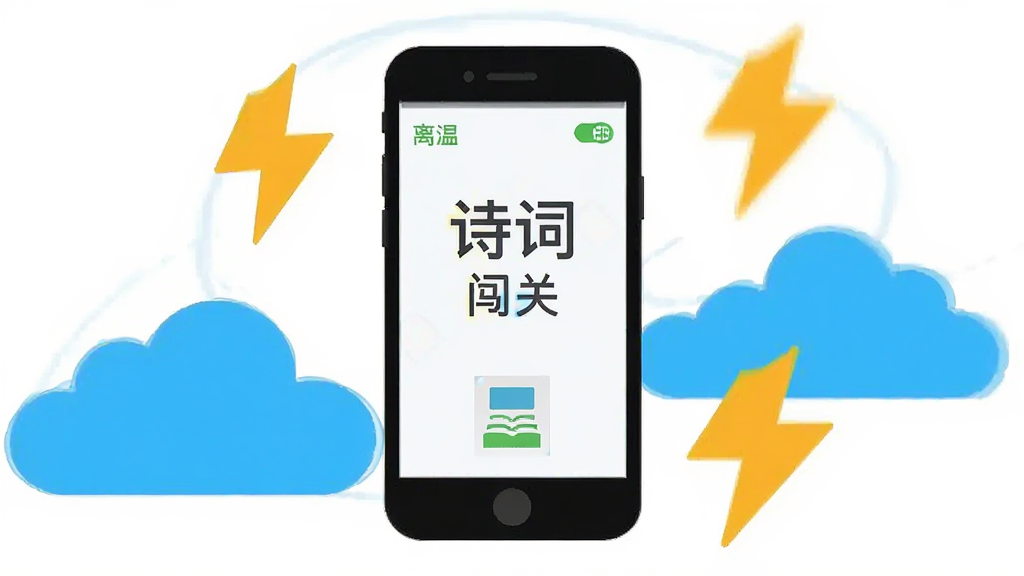简约图标风格插画,主体为一部手机与云朵、闪电符号的组合图形,手机屏幕显示诗词闯关界面,布局为手机居中、云朵与闪电环绕四周,排版轻盈灵动,风格为极简扁平图标风,细节包括绿色离线标识、小巧的安装包尺寸示意元素,画质高清、干净、无多余元素