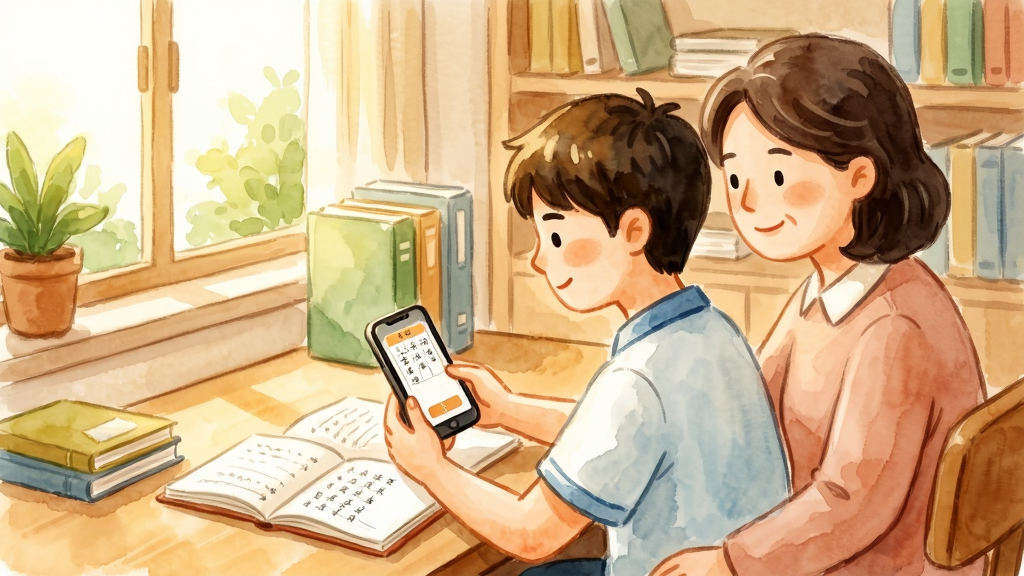 温馨插画风格,主体为一位学生坐在书桌前使用手机学习古诗词,旁边有家长微笑陪伴,布局为人物居中偏左、书桌与书架位于背景,排版生活化场景,风格为温暖水彩插画,细节包括桌上摊开的笔记本、窗外绿植与柔和阳光,画质高清、干净、无多余元素