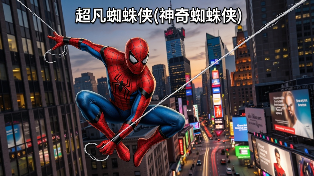 画面主体为一位身穿红蓝紧身战衣的超级英雄在纽约高楼之间荡着蛛丝飞跃,背景是黄昏时分的曼哈顿天际线,布局上英雄位于画面中央偏左,右侧为密集的摩天大楼与发光广告牌,排版采用纵向构图突出高度感,风格为写实漫画风格,细节包括战衣上的网状纹理、飘动的蛛丝、楼宇窗户的灯光反射、远处车流轨迹,画质为高清4K,画面干净无多余元素,图片上方居中位置打文字“超凡蜘蛛侠(神奇蜘蛛侠)”