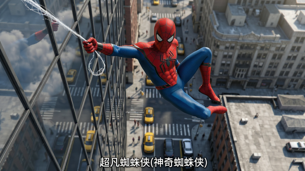 画面主体为身穿红蓝战衣的超级英雄单手拉着蛛丝悬挂在玻璃幕墙大厦侧面,背景为俯瞰视角的城市街道与黄色出租车,布局上英雄位于画面上方三分之一处,下方展示纵深街道,排版为横向宽幅构图,风格为写实3D渲染风格,细节包括蛛丝在阳光下的半透明质感、大厦玻璃反射的云层、街道上行人与车辆的微小轮廓,画质为高清4K,画面干净无多余元素,图片底部居中位置打文字“超凡蜘蛛侠(神奇蜘蛛侠)”