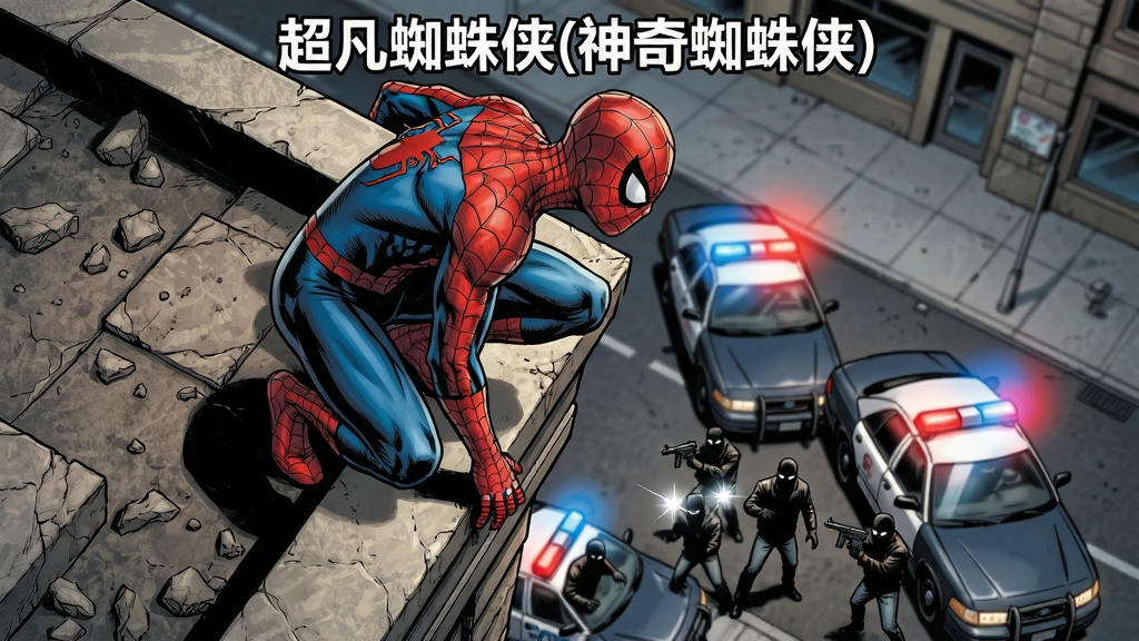 画面主体为身穿红蓝战衣的超级英雄蹲伏在银行屋顶边缘俯瞰下方街道上正在发生的劫案,布局上英雄位于画面上方前景,下方为街道上的警车与蒙面劫匪,排版为俯视对角线构图,风格为写实漫画风格,细节包括屋顶的碎石纹理、英雄战衣的褶皱、警车顶灯的红蓝光晕、劫匪手中的武器反光,画质为高清4K,画面干净无多余元素,图片上方居中位置打文字“超凡蜘蛛侠(神奇蜘蛛侠)”