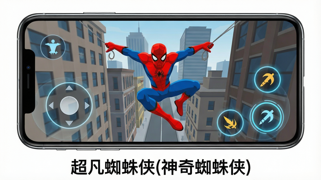 画面主体为一部智能手机横向握持展示游戏操作界面,屏幕中显示红蓝战衣英雄在楼宇间摆荡,布局上手机位于画面中央,左右两侧分别用半透明图标示意虚拟摇杆与攻击按钮,排版为居中对称构图,风格为扁平化科技风格,细节包括手机边框的金属反光、屏幕内城市建筑的透视感、按钮的发光边缘,画质为高清4K,画面干净无多余元素,图片下方居中位置打文字“超凡蜘蛛侠(神奇蜘蛛侠)”