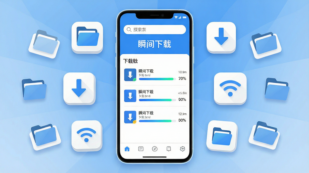 主体是一部竖屏安卓手机,屏幕中央显示“瞬间下载”软件主界面,界面布局为顶部搜索框、中部下载任务列表、底部导航栏,列表中有三个正在下载的文件条目并显示进度条百分比;手机周围漂浮着文件夹图标、向下箭头图标、WiFi信号图标,布局居中对称;排版为手机正面平视、图标环绕手机的放射状构图;风格为清爽扁平化科技风,蓝白配色;细节上手机边框圆润、图标带轻微投影、进度条有渐变高光;画质高清,画面干净,无多余元素