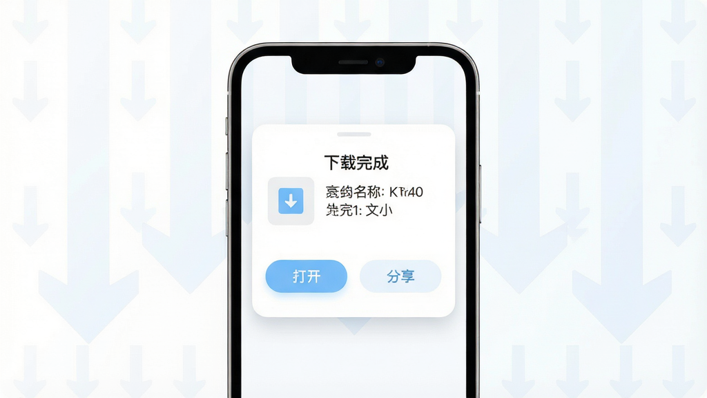 主体是“瞬间下载”软件的下载完成提示界面,画面中央一部手机弹出“下载完成”卡片,卡片上有文件名、文件大小和“打开”“分享”两个按钮;布局为手机居中、卡片悬浮于屏幕上方;排版为纵向单点聚焦构图;风格为清新浅色UI风,白底配浅蓝按钮;细节上卡片有圆角与柔和阴影、背景有淡色下载箭头纹理;画质高清,画面干净,无多余元素