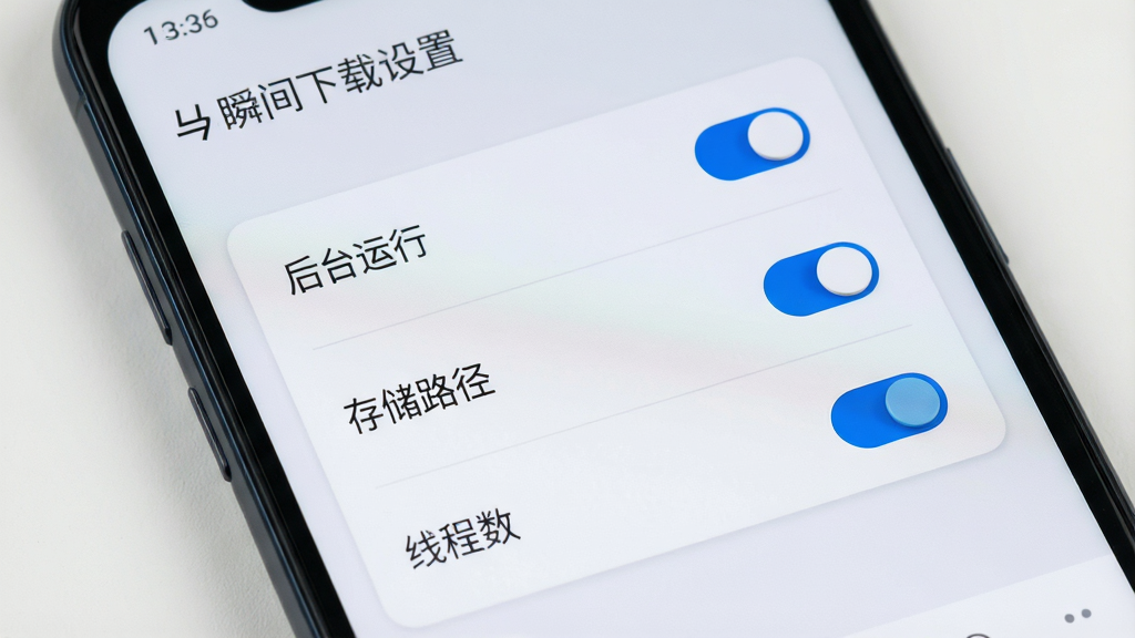 主体是一部安卓手机屏幕特写,屏幕显示“瞬间下载”软件的设置页面,页面上有“后台运行”“存储路径”“线程数”三个设置项开关;布局为手机屏幕占满画面、设置项纵向排列;排版为居中特写构图;风格为简洁UI写实风,浅灰背景配白色卡片;细节上开关有蓝色高亮状态、文字清晰可辨;画质高清,画面干净,无多余元素