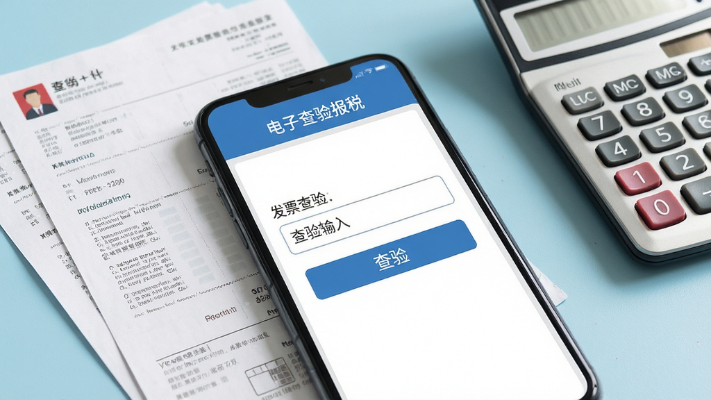 一张手机屏幕展示电子发票查验报税软件主界面,画面中央是发票查验输入框与查验按钮,背景为浅蓝色办公桌面,旁边摆放纸质发票与计算器,整体风格简洁商务,细节清晰,画质干净,无多余元素