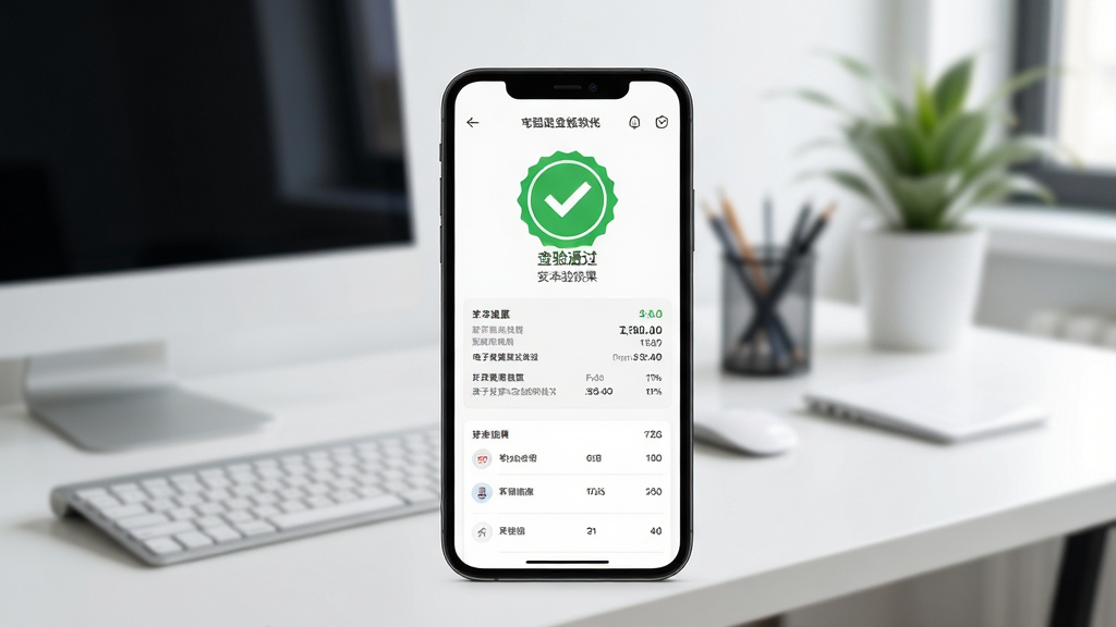 电子发票查验报税软件查验结果页面展示,手机屏幕中央显示绿色的查验通过标识与发票基本信息列表,背景为整洁的办公环境,风格清爽简约,细节丰富,画质清晰,无杂乱元素