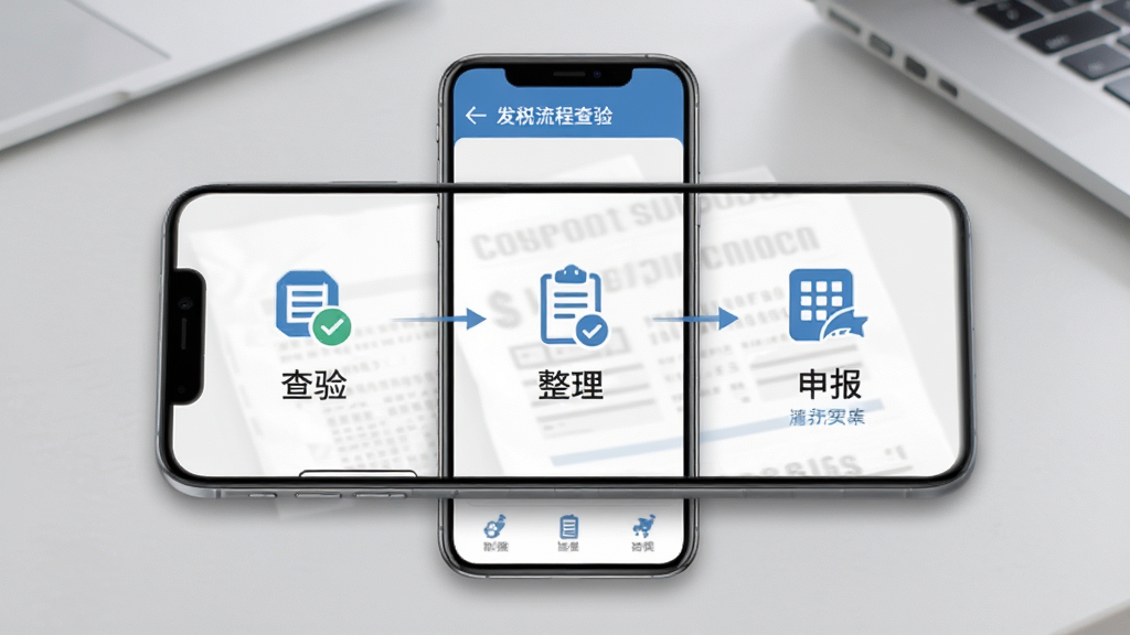 电子发票查验报税软件报税流程指引界面,手机屏幕展示分步骤的操作流程图,包含查验、整理、申报三个环节的图标与文字说明,背景为浅灰色桌面,风格专业简洁,细节到位,画质干净,无多余装饰