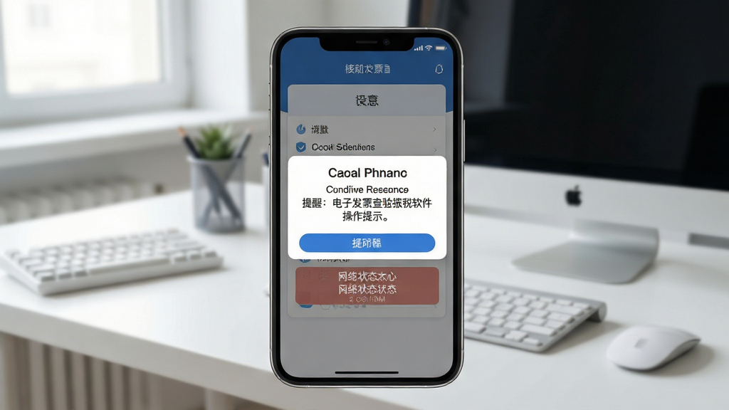 电子发票查验报税软件操作提示弹窗界面,手机屏幕显示信息核对提醒与网络状态提示,背景为简洁的办公桌面,风格清晰直观,细节丰富,画质干净,无多余元素
