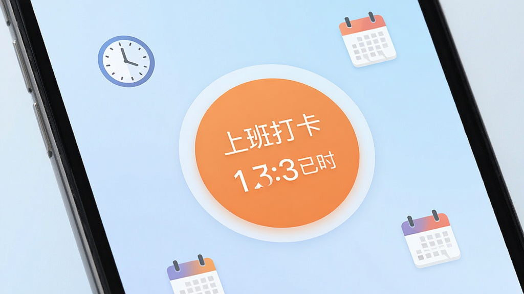 手机屏幕特写,界面中央是一个醒目的圆形打卡按钮,按钮上方显示“上班打卡”文字,下方显示当日已记录工时数字,背景是柔和的浅蓝色渐变,周围漂浮着时钟与日历的小图标,扁平化UI风格,画面干净整洁,画质清晰,无多余装饰元素