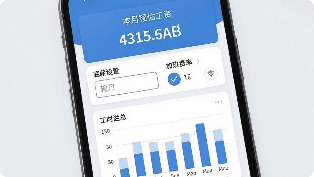 手机界面展示工资预估页面,屏幕上方显示“本月预估工资”字样与一个数字金额,中间是底薪设置输入框与加班费率选项,下方是工时汇总柱状图,整体采用卡片式布局,浅色背景搭配蓝色主色调,风格简洁商务,画质清晰,无杂乱元素