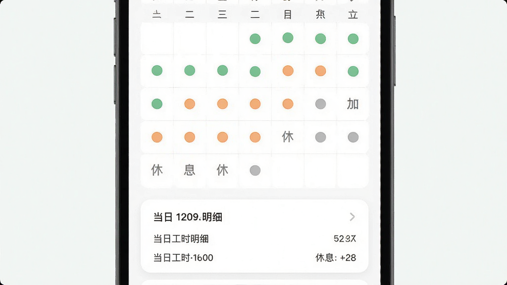 手机屏幕显示日历考勤视图,日期格子上分别用绿色圆点标记出勤、橙色圆点标记加班、灰色圆点标记休息,日历下方是当日工时明细卡片,整体界面清爽,配色柔和,扁平化设计风格,画质干净,无多余元素