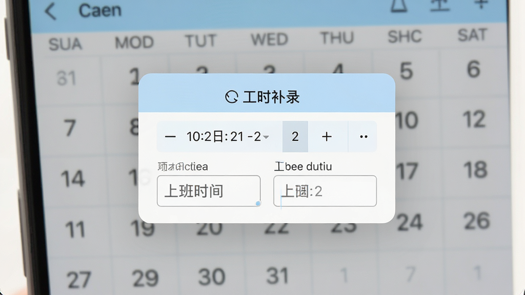 手机屏幕显示工时补录弹窗,弹窗内有日期选择器与上下班时间输入框,背景是模糊的日历页面,界面风格简洁,配色以白色和浅蓝为主,画质清晰,无多余元素