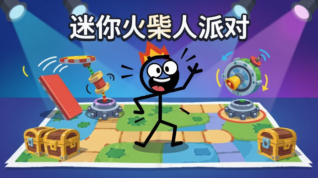 画面中央是一个卡通风格的火柴人角色站在色彩鲜艳的派对地图中央,周围有跳板、旋转机关和道具箱,背景是渐变蓝紫色的派对舞台灯光,布局为横版游戏场景视角,风格为扁平化卡通插画,细节包括火柴人夸张的表情和动作线条,画质清晰干净,画面中带有