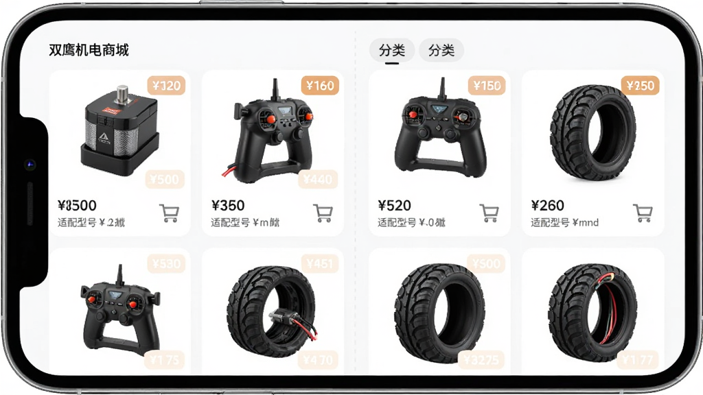 双鹰机电商城商城页面展示,手机界面中排列电池、遥控器、轮胎等配件商品卡片,卡片带价格标签与适配型号文字,布局为两列网格,风格简约电商风,细节包含购物车图标与分类标签,画质清晰干净无多余元素