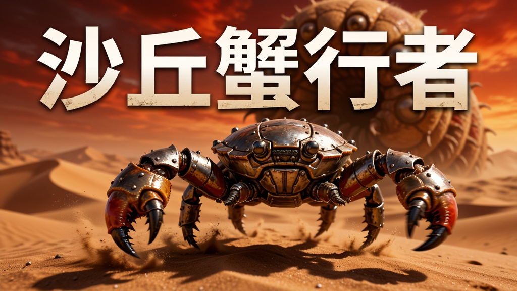 沙漠异星场景中一只身披金属装甲的蟹行者在沙丘上奔跑,背景是巨大的沙虫轮廓与橙红色天空,画面中央有