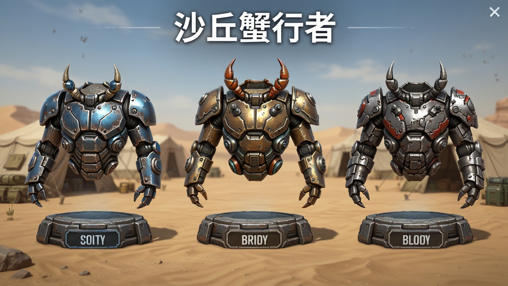 蟹行者装甲升级界面,画面展示三套不同风格的金属外壳装备,背景为沙漠营地,中央有