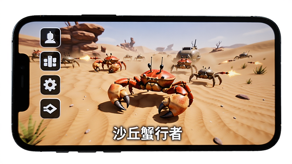 手机横屏运行沙丘蟹行者游戏画面,屏幕中央是蟹行者战斗场景,旁边悬浮功能菜单图标,画面下方有