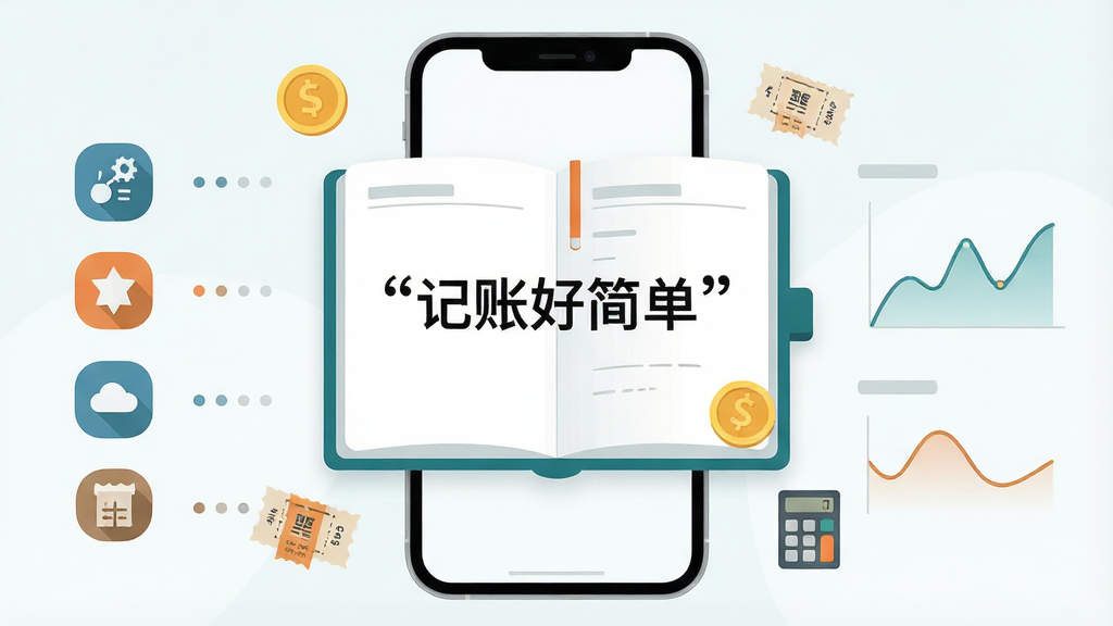 主体为一本翻开的极简风格记账本悬浮在手机屏幕上方,布局采用中心对称构图,排版左侧放置收支分类图标右侧展示月度统计曲线,风格为清新扁平化插画,细节包括金币、票据、计算器小元素点缀,画面中央用引号标注文字“记帐好简单”,画质高清干净无多余元素