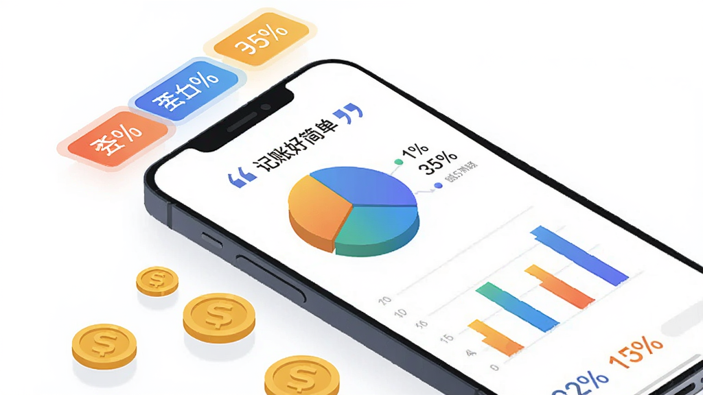 主体为一部智能手机屏幕显示彩色饼图和柱状图,布局采用对角线构图手机倾斜放置,排版上方悬浮分类标签卡片下方散落金币图标,风格为现代科技感扁平插画,细节包括屏幕中引号标注文字“记帐好简单”和百分比数字,画质清晰干净无杂乱背景
