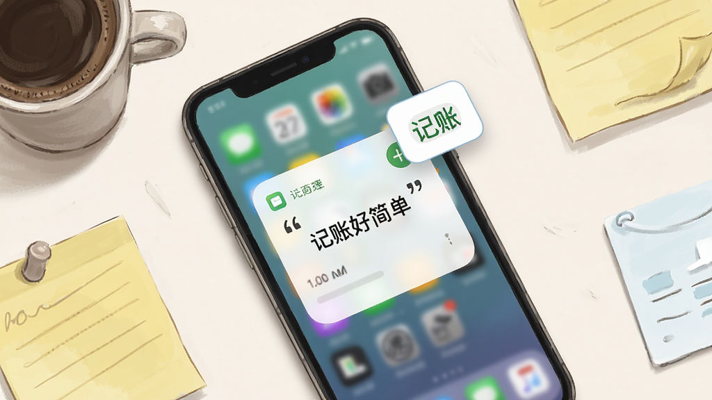 主体为手机桌面展示记账小组件和悬浮记账按钮,布局采用俯视角度手机平放桌面,排版周围散落咖啡杯和便签纸,风格为生活化写实插画,细节包括小组件屏幕上引号标注文字“记帐好简单”和加号图标,画质清晰干净无多余装饰