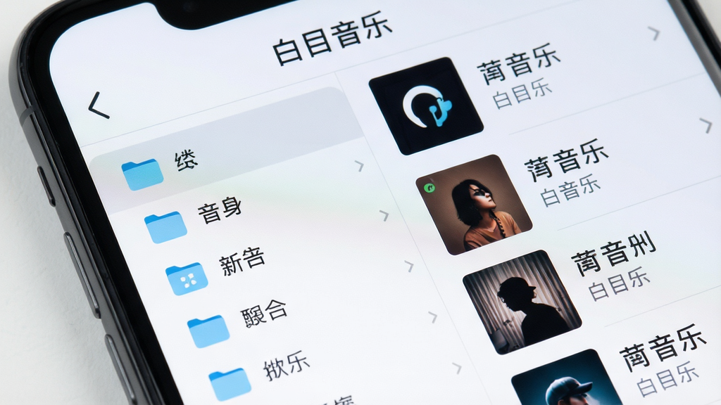 主体为手机屏幕特写,屏幕中展示白目音乐的分类界面,左侧为文件夹列表,右侧为歌曲条目,布局采用左右分栏展示,风格为清爽浅色系UI界面展示风,细节上界面顶部显示“白目音乐”标题,分类图标清晰可见,画质高清,画面干净,无多余元素