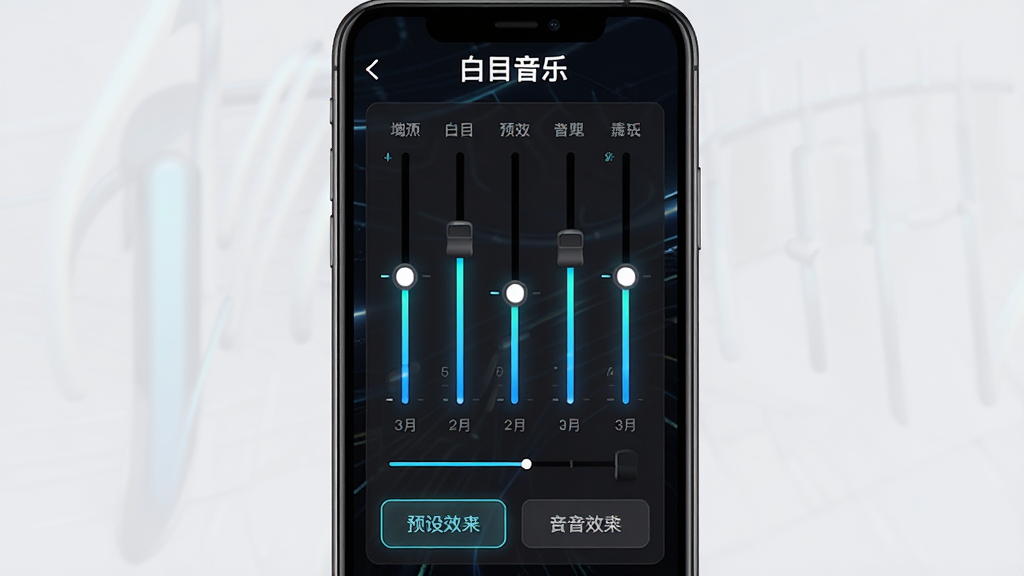 主体为手机屏幕显示白目音乐音效设置页面,页面中包含均衡器滑块与预设音效按钮,布局采用纵向排列,风格为科技感深色界面风,细节上滑块带有发光效果,页面顶部显示“白目音乐”字样,画质高清,画面干净,无多余元素