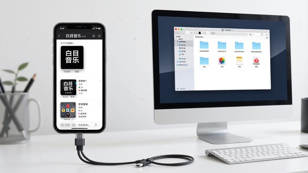 主体为手机与电脑数据线连接场景,手机屏幕显示白目音乐曲库管理界面,电脑屏幕显示文件管理器窗口,布局采用左右并列构图,风格为简洁办公桌面风,细节上手机界面标注“白目音乐”字样,数据线连接清晰可见,画质高清,画面干净,无多余元素