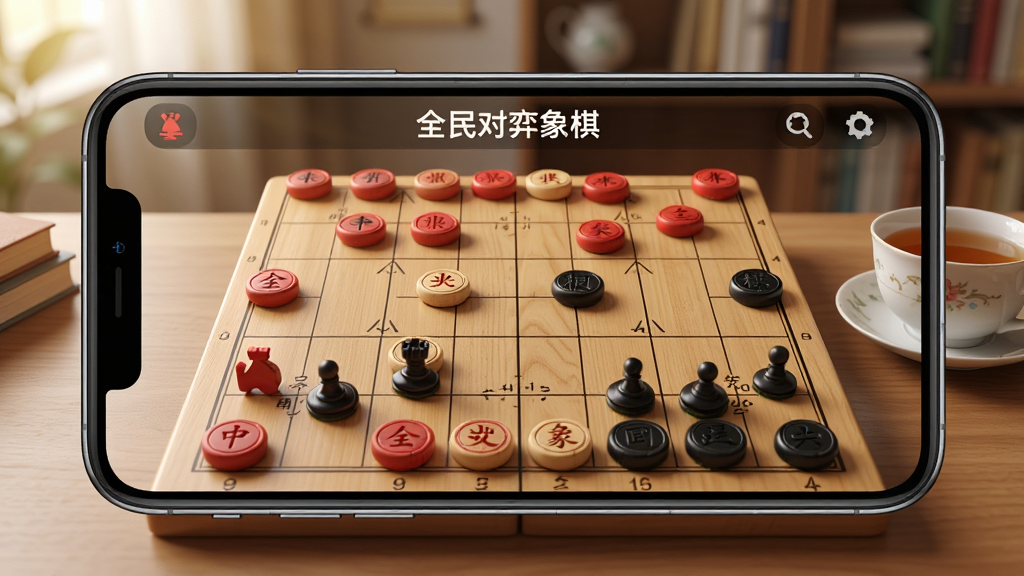 一张手机横屏展示中国象棋对弈界面的写实场景图,画面中央是木质纹理的棋盘,红黑双方棋子排列整齐,棋盘上方显示“全民对弈象棋”应用标题,背景是柔和的书房环境,旁边放着一杯茶,整体构图居中对称,风格清新写实,细节丰富,画质清晰干净,无多余元素