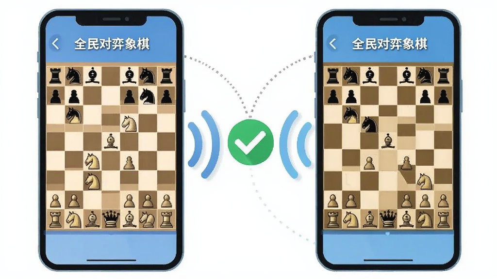 一张表现手机联网匹配对弈的插画,画面中两部手机通过信号波纹相连,各自屏幕上是“全民对弈象棋”的棋盘界面,中间有匹配成功的对勾标识,布局左右对称,风格扁平化科技感,细节简洁明快,画质清晰干净,无多余元素